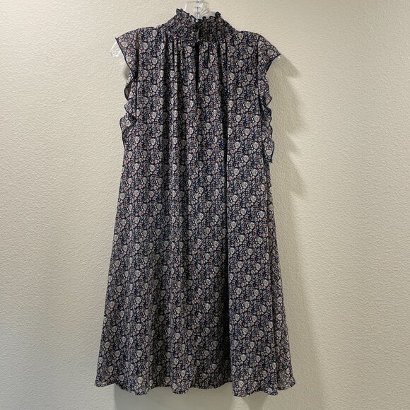 (NEW) CODE MODE Ruffled Sleeveless Smock Neck Floral Dress, Navy/Pink - L - Picture 2 of 10